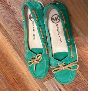 Michael Kors Womens Green Suede Boat Shoes Loafers Gold Hardware Size 8M ME13J